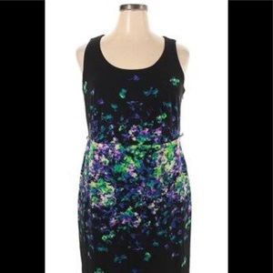 Little black dress with a hint of purple and green floral print size 18
